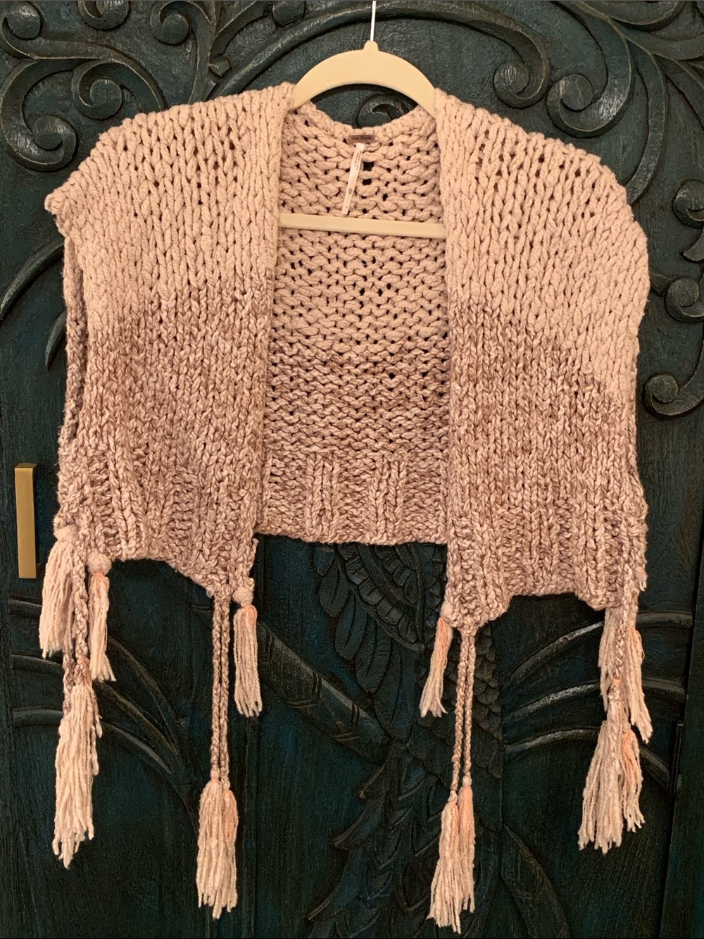 Free People Cozy Chunky Knit Tassel Open Front Sweater Vest Beige